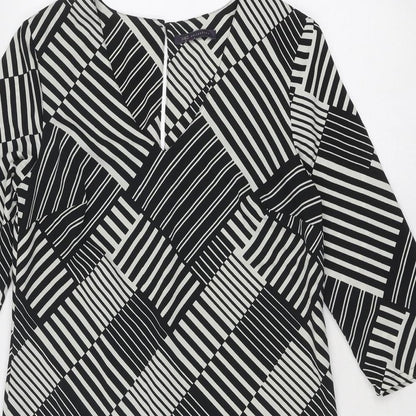 Marks & Spencer Womens Black Geometric Polyester A-Line Size 10 V-Neck Button