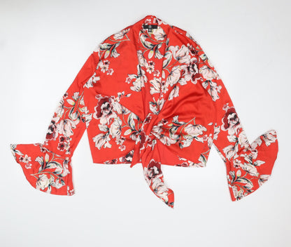Additional front view of Missguided women’s red floral polyester basic blouse, size UK 10, v-neck - tie front