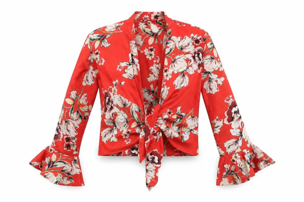 Missguided Womens Red Floral Polyester Basic Blouse Size 10 V-Neck - Tie Front