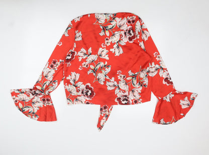 Back view of Missguided women’s red floral polyester basic blouse, size UK 10, v-neck - tie front