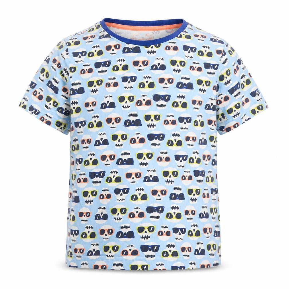 Marks & Spencer Boys Blue Geometric Cotton Pullover T-Shirt Size 9-10 Years Round Neck Pullover - Skull Sunglasses Print