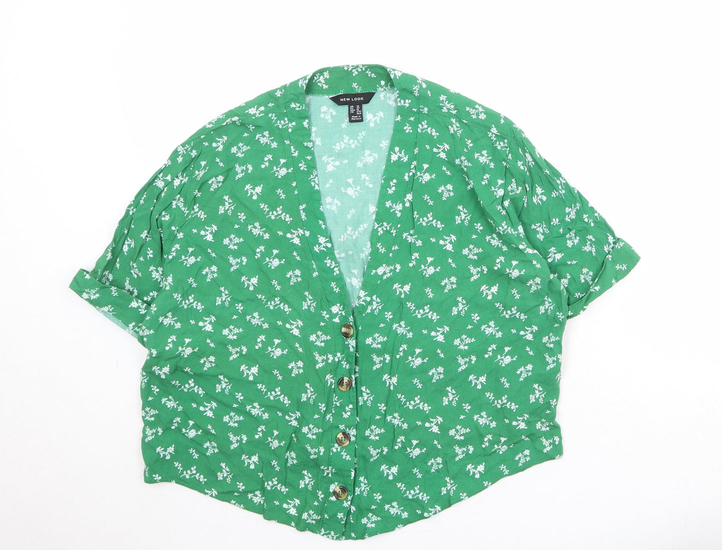New Look Womens Green Floral Viscose Basic Button-Up Size 14 V-Neck