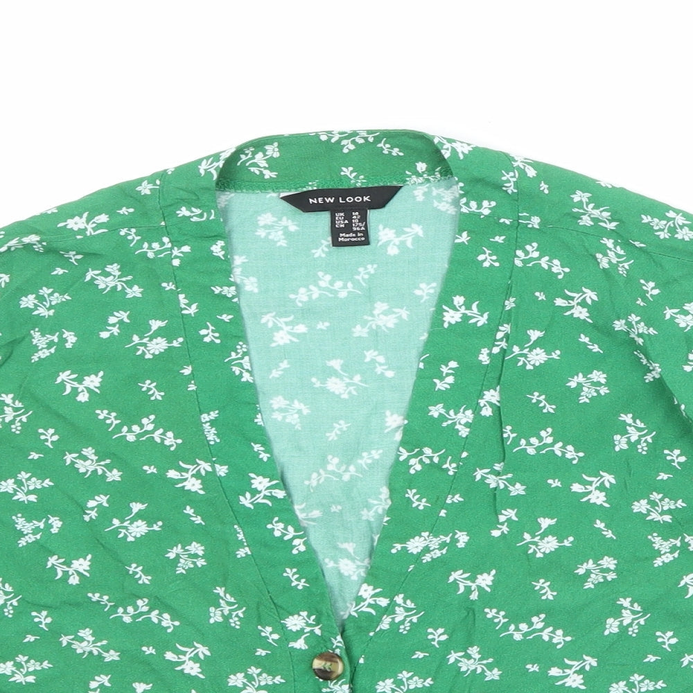 New Look Womens Green Floral Viscose Basic Button-Up Size 14 V-Neck