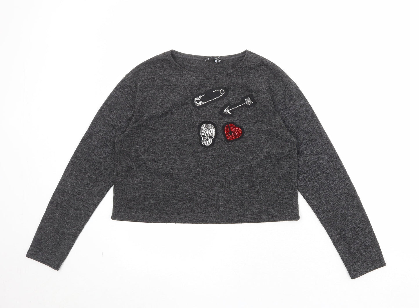 Zara Womens Grey Round Neck Acrylic Pullover Jumper Size M - Badge Detail