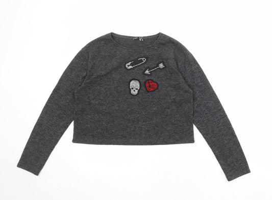 Zara Womens Grey Round Neck Acrylic Pullover Jumper Size M - Badge Detail