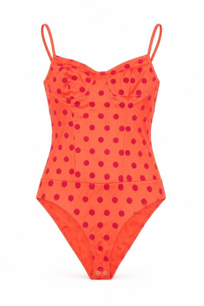Zara Womens Orange Polka Dot Polyester Bodysuit One-Piece Size S Snap