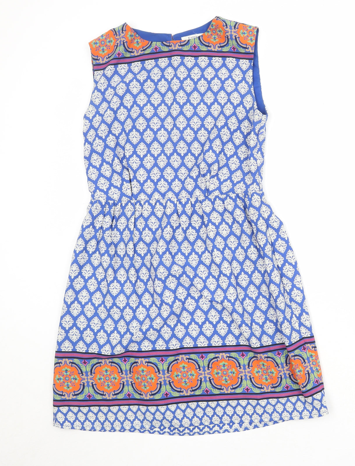 Esley Womens Blue Geometric Polyester A-Line Size M Round Neck Zip