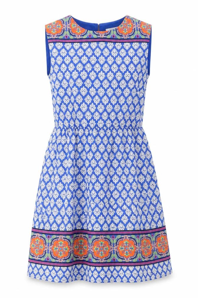 Esley Womens Blue Geometric Polyester A-Line Size M Round Neck Zip