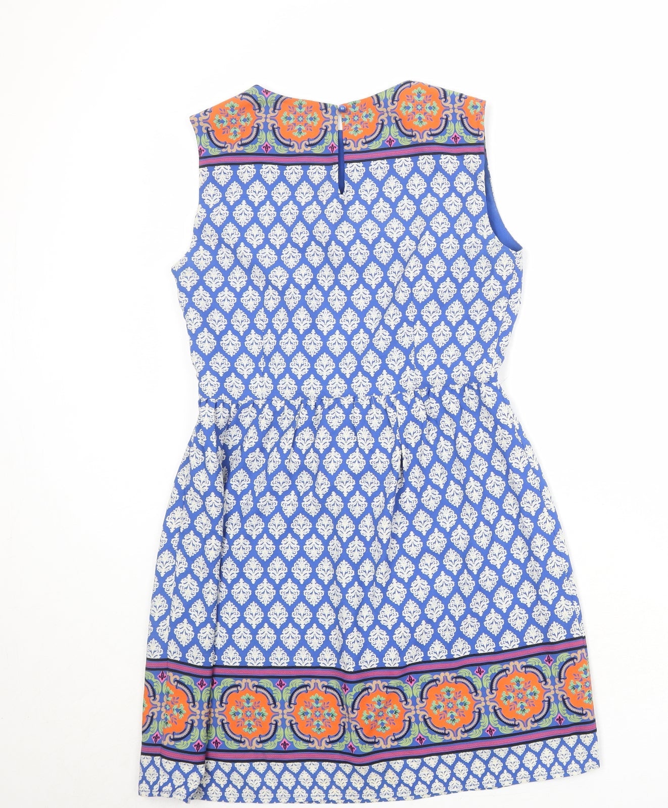 Esley Womens Blue Geometric Polyester A-Line Size M Round Neck Zip