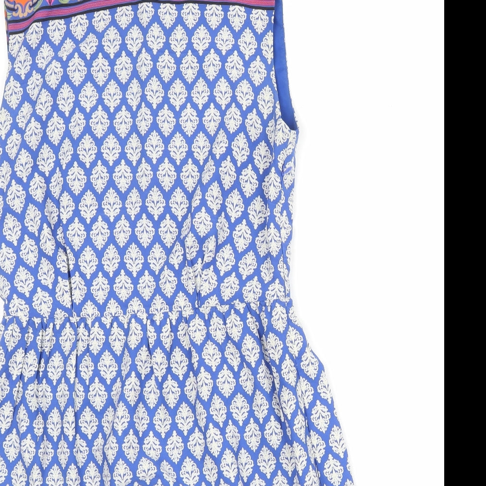 Esley Womens Blue Geometric Polyester A-Line Size M Round Neck Zip