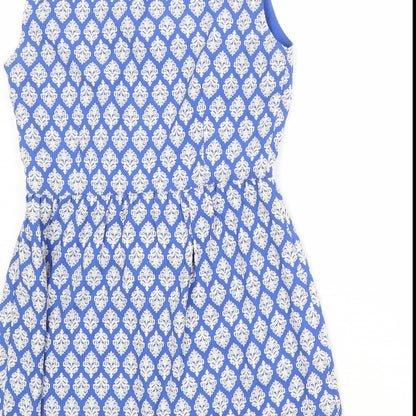 Esley Womens Blue Geometric Polyester A-Line Size M Round Neck Zip