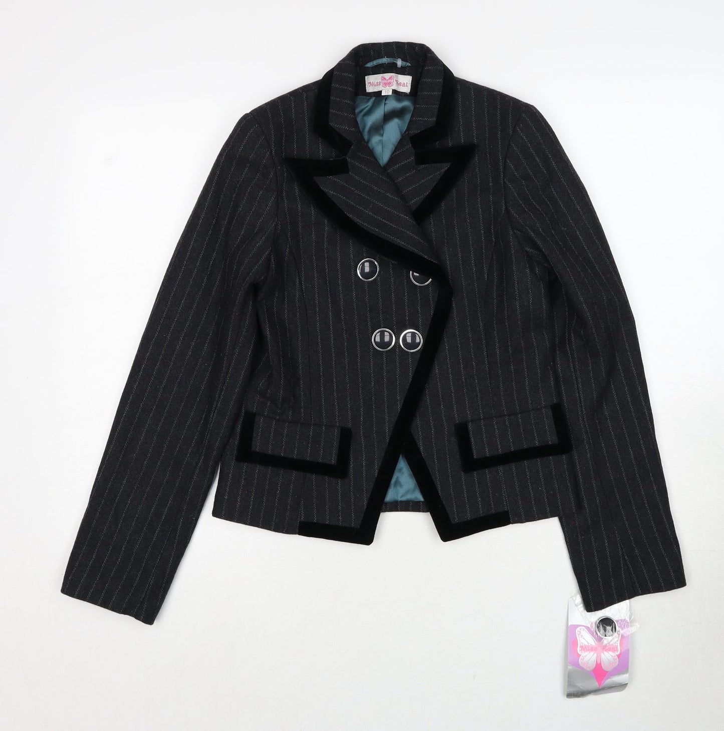 Miss Real Womens Grey Striped Jacket Blazer Size 10 Button