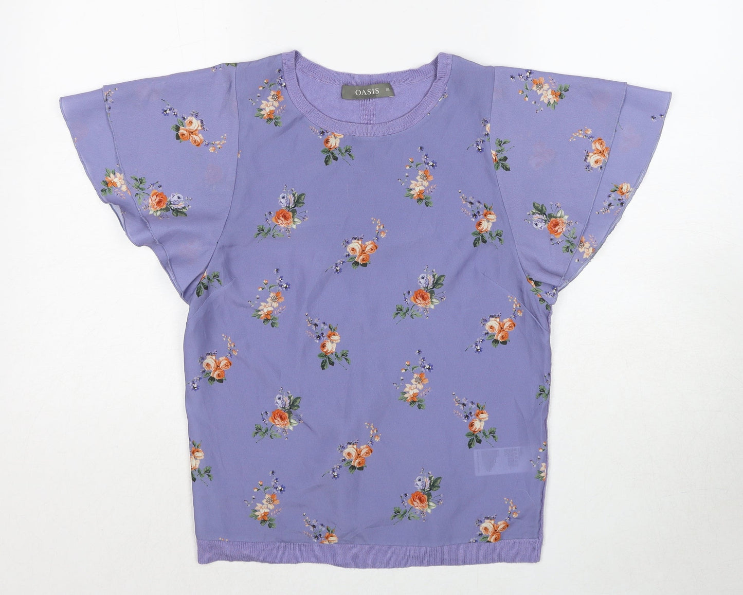 Oasis Womens Purple Floral Viscose Basic Blouse Size XS Boat Neck - Angel Sleeve