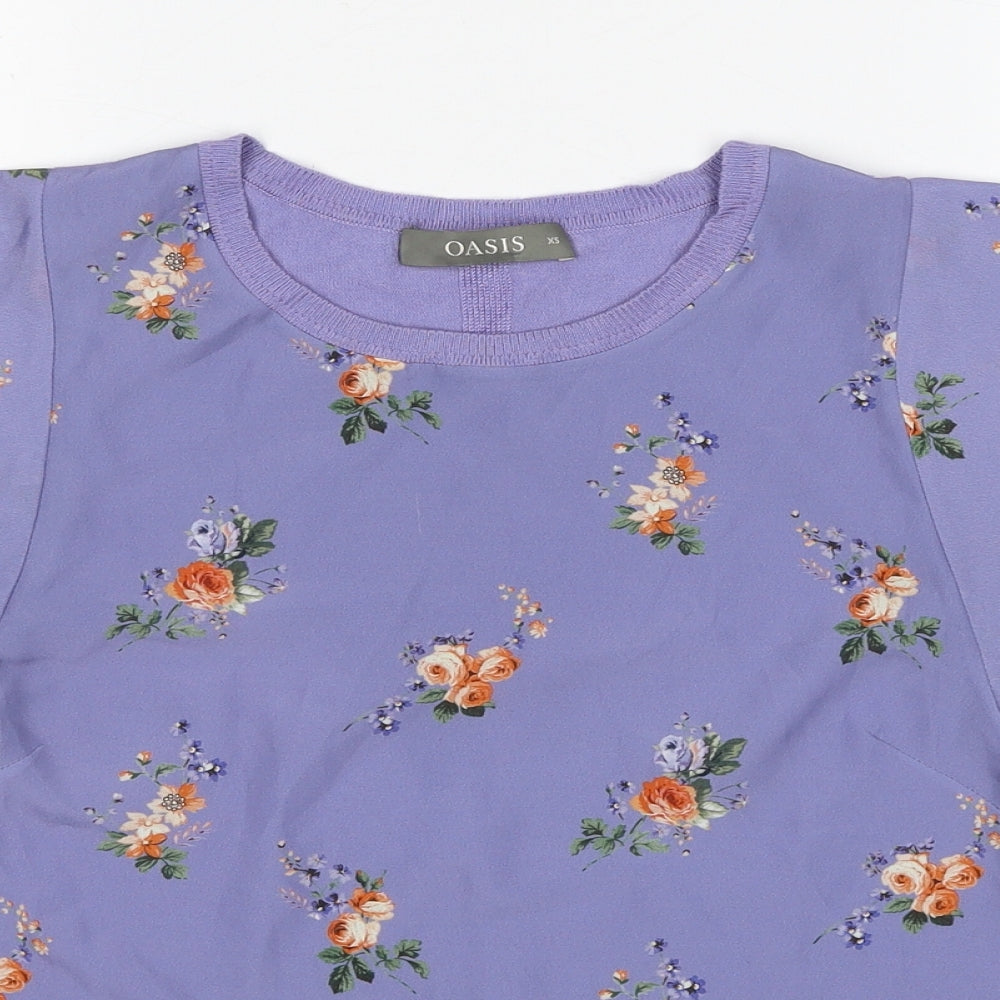 Oasis Womens Purple Floral Viscose Basic Blouse Size XS Boat Neck - Angel Sleeve