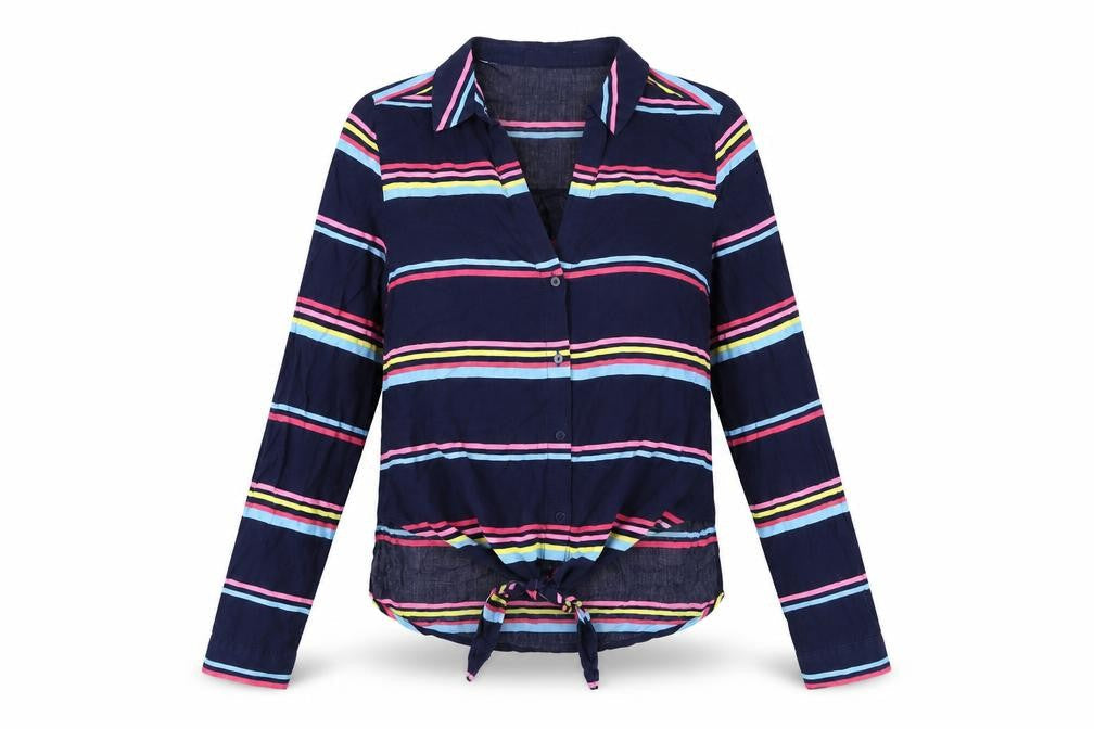 Oasis Womens Blue Striped Viscose Basic Button-Up Size 8 Collared - Knot Front