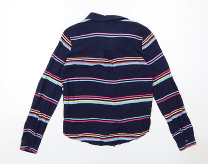 Oasis Womens Blue Striped Viscose Basic Button-Up Size 8 Collared - Knot Front