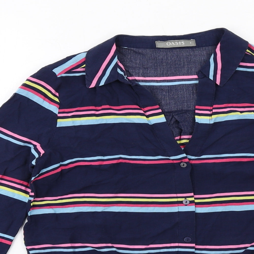 Oasis Womens Blue Striped Viscose Basic Button-Up Size 8 Collared - Knot Front