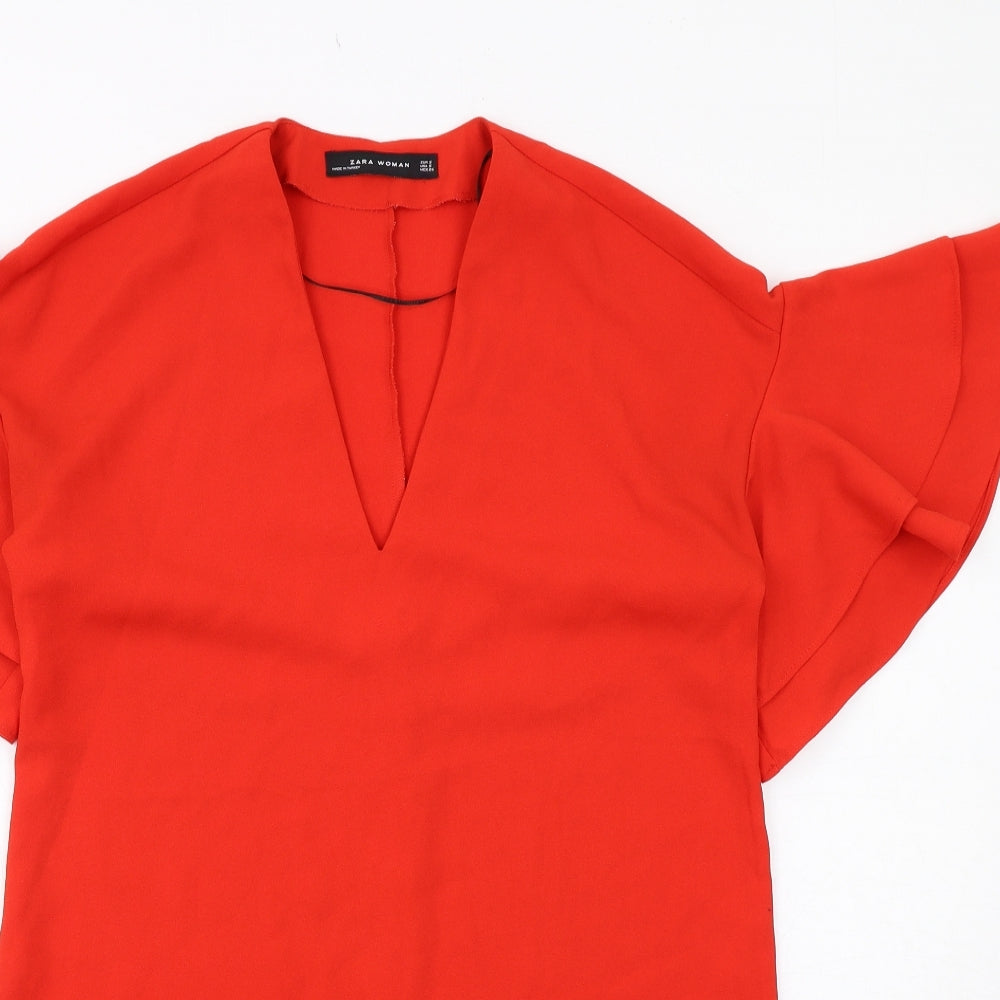 Zara Womens Orange Polyester A-Line Size S V-Neck Pullover