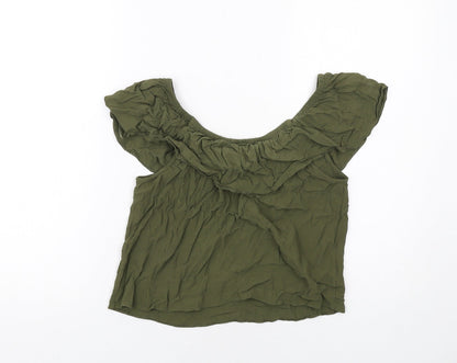 Additional front view of Miss Selfridge women’s green viscose basic blouse, size UK 10, boat neck