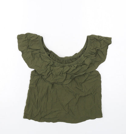 Back view of Miss Selfridge women’s green viscose basic blouse, size UK 10, boat neck