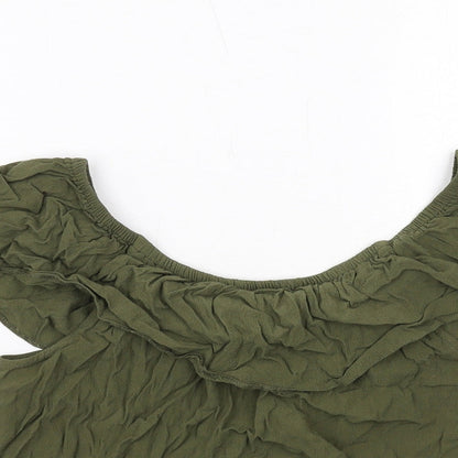 Close-up detail of Miss Selfridge women’s green viscose basic blouse, size UK 10, boat neck