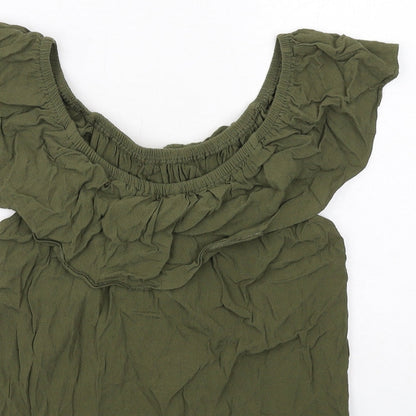 Brand and care label for Miss Selfridge women’s green viscose basic blouse, size UK 10, boat neck