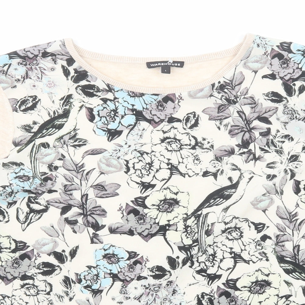 Warehouse Womens Beige Round Neck Floral Polyester Pullover Jumper Size L