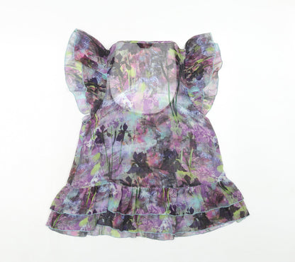 Back view of Miss Selfridge women’s purple geometric polyester basic blouse, size UK 12, scoop neck