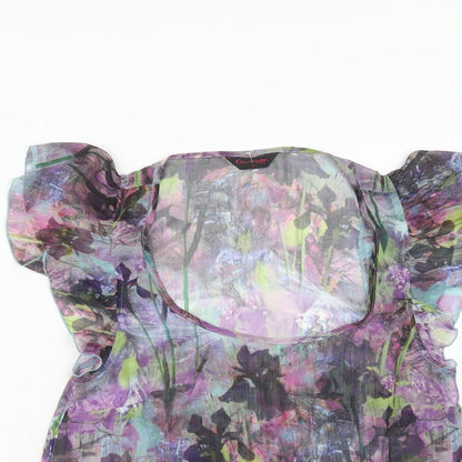 Close-up detail of Miss Selfridge women’s purple geometric polyester basic blouse, size UK 12, scoop neck