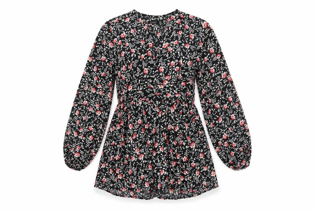 Boohoo Womens Black Floral Polyester A-Line Size 12 V-Neck Zip
