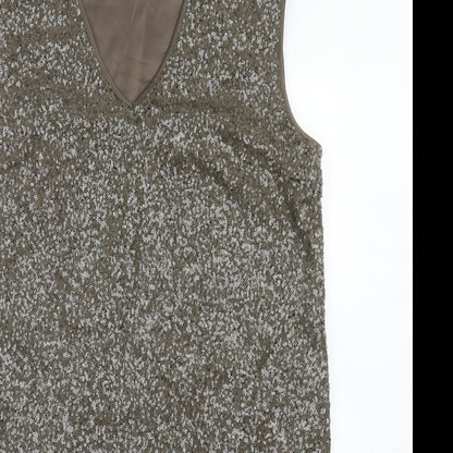 Close-up detail of Autograph women’s brown polyamide a-line, size UK 14, v-neck pullover