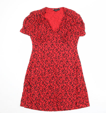 Next Womens Red Animal Print Viscose A-Line Size 8 V-Neck Pullover - Leopard Pattern