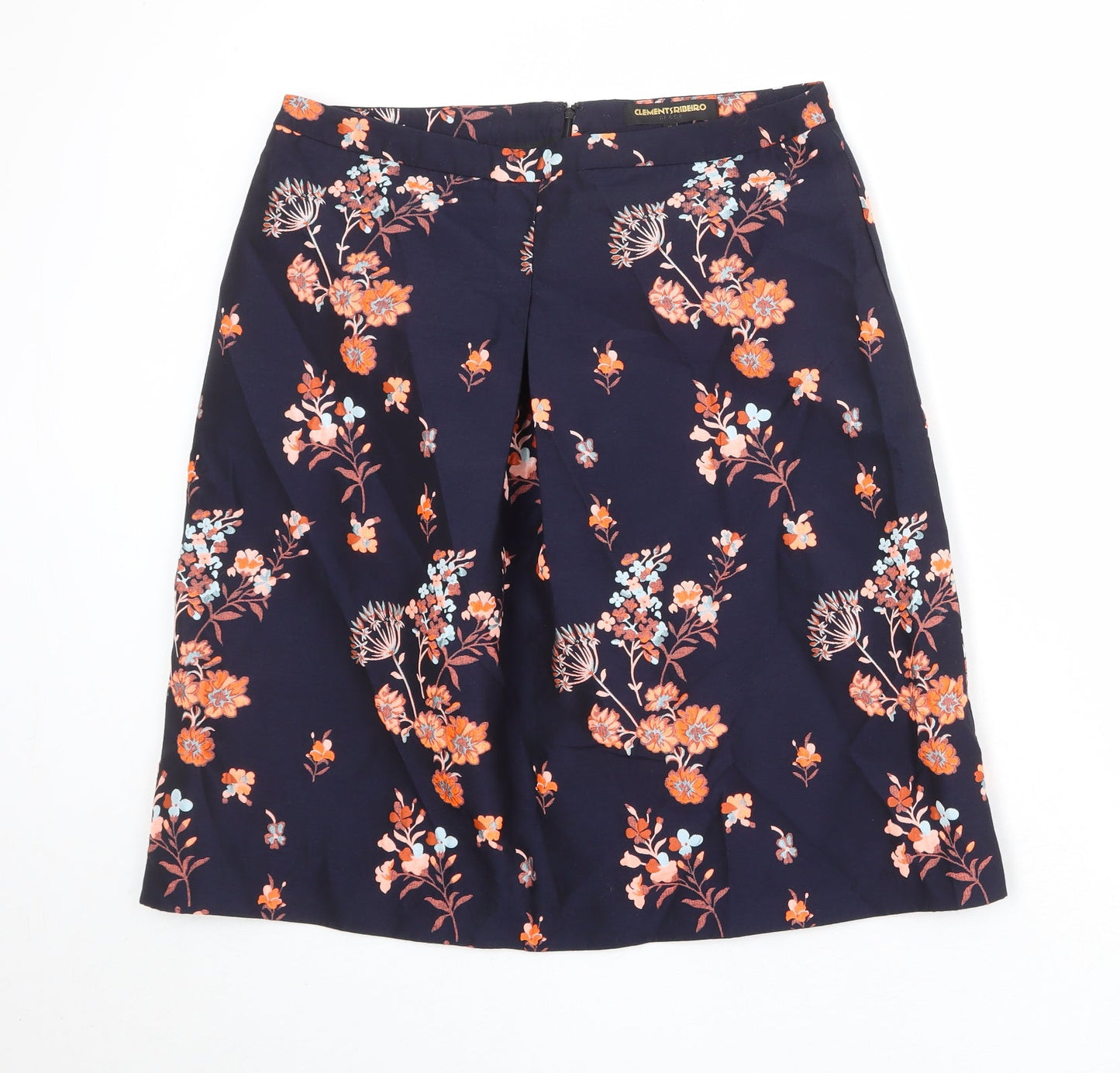 Clements Ribeiro Womens Blue Floral Polyester A-Line Skirt Size XL Zip