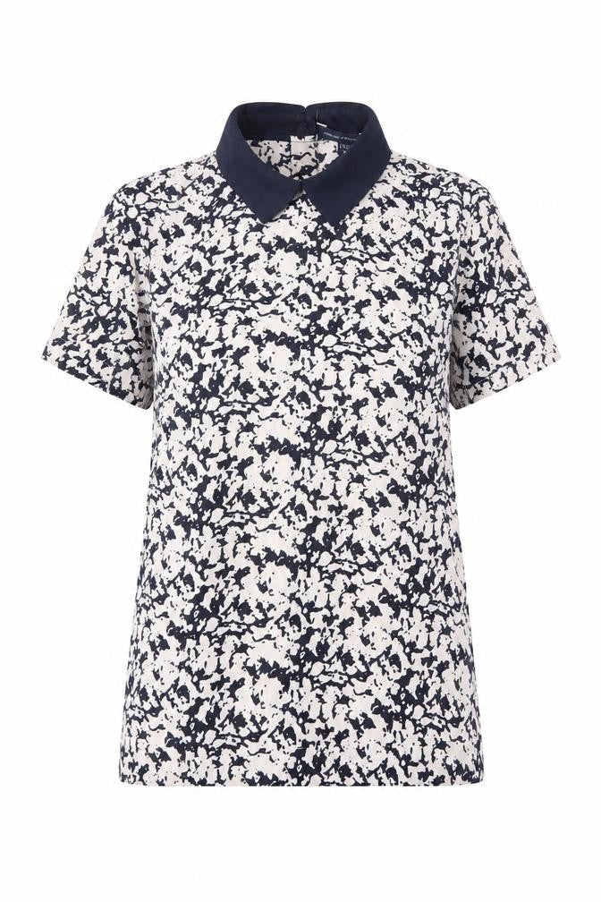 French Connection Womens White Geometric Polyester Basic T-Shirt Size 8 Collared