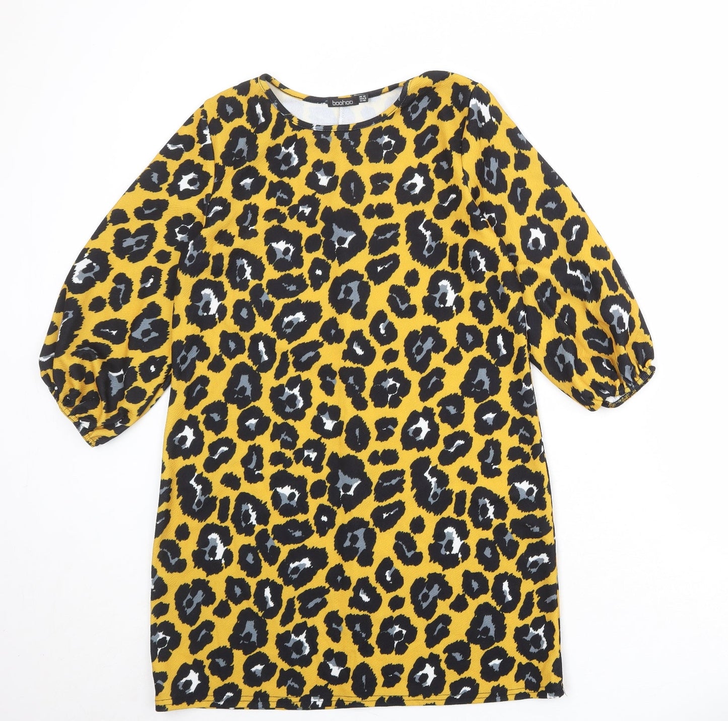 Boohoo Womens Yellow Animal Print Polyester Sheath Size 12 Boat Neck Pullover - Leopard Print