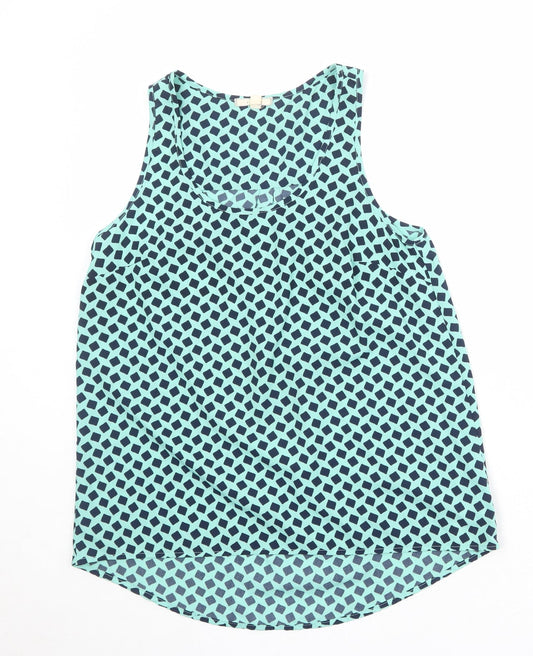 Pleonie Womens Blue Geometric Polyester Basic Tank Size XS Scoop Neck