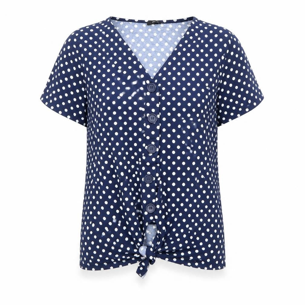 M&Co Womens Blue Polka Dot Viscose Basic Button-Up Size L V-Neck - Knot Front