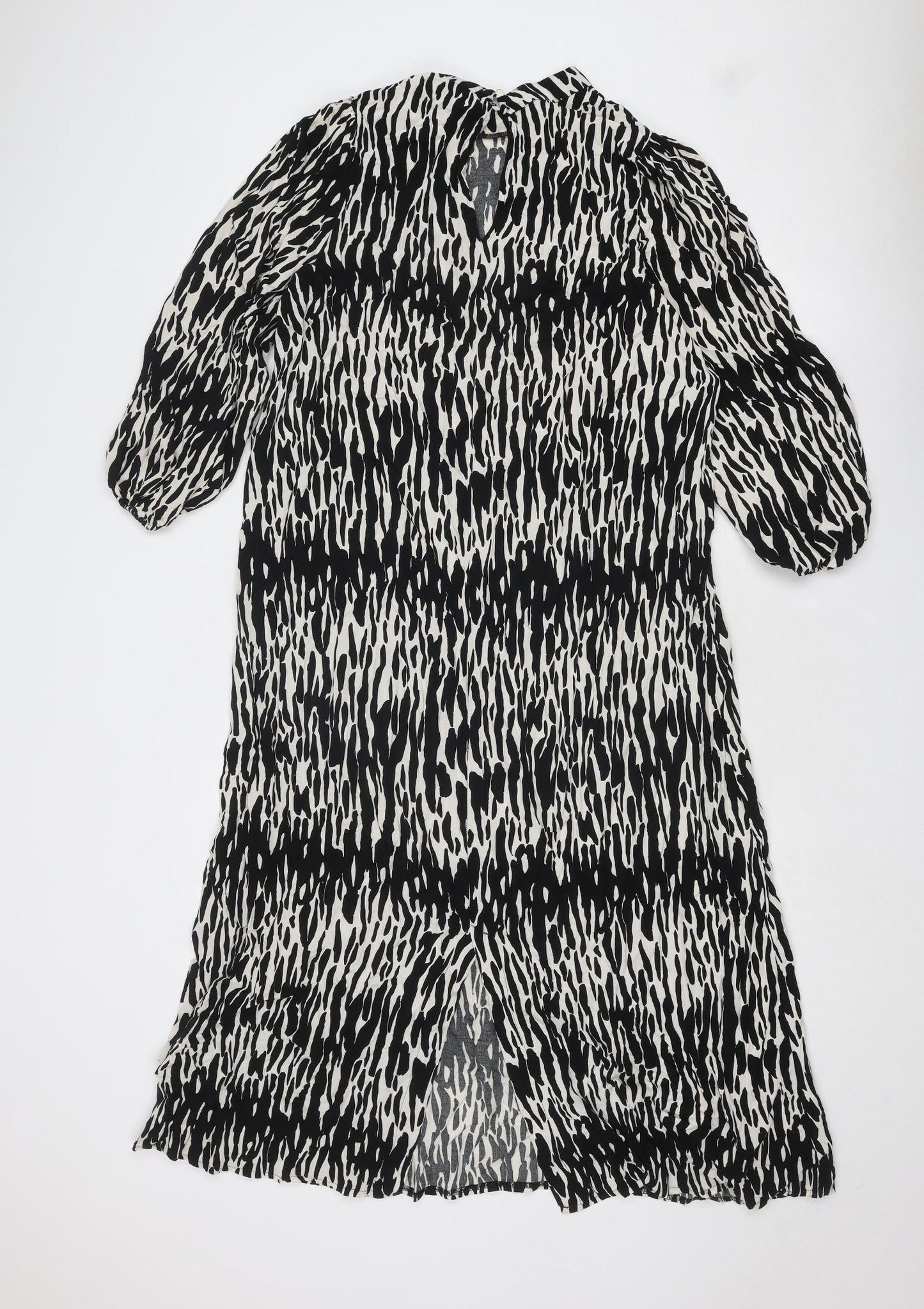 New Look Womens Black Geometric Viscose A-Line Size 12 Mock Neck Button