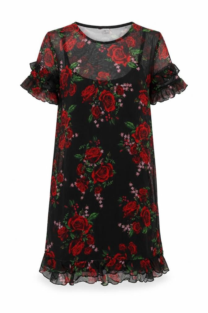 Divided by H&M Womens Black Floral Polyester Sheath Size 4 Boat Neck Pullover - Rose Print