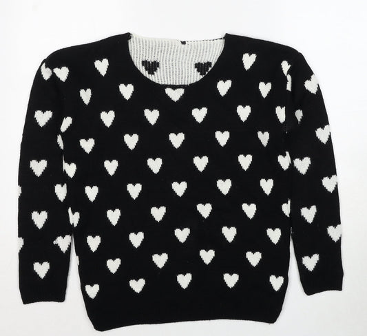 Quiz Womens Black Round Neck Geometric Acrylic Pullover Jumper Size S - Heart Pattern
