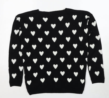 Quiz Womens Black Round Neck Geometric Acrylic Pullover Jumper Size S - Heart Pattern