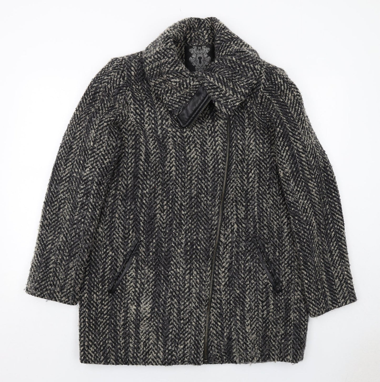 Label Lab Womens Grey Herringbone Overcoat Coat Size 16 Zip