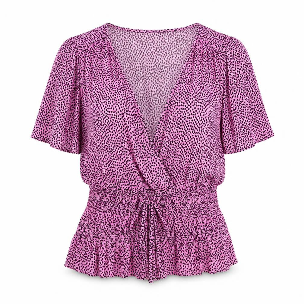 Pull&Bear Womens Pink Polka Dot Polyester Basic T-Shirt Size M V-Neck