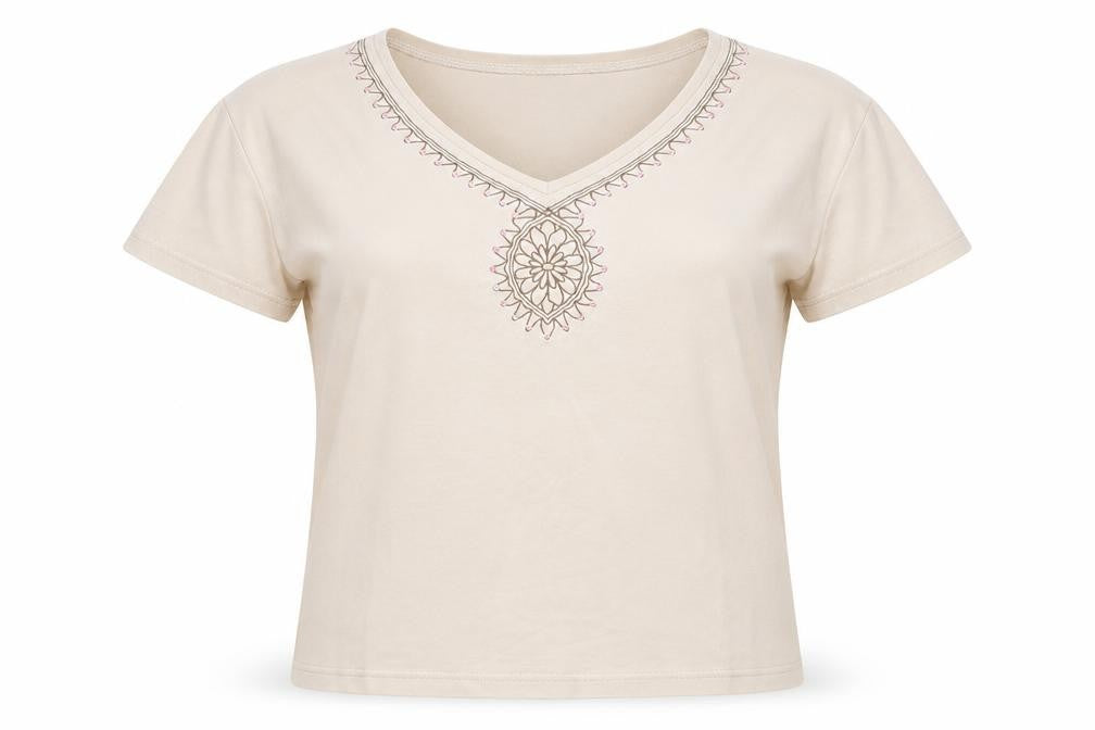 EWM Womens Beige Polyester Basic T-Shirt Size M V-Neck