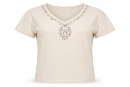 EWM Womens Beige Polyester Basic T-Shirt Size M V-Neck