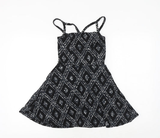 Topshop Womens Black Argyle/Diamond Viscose Fit & Flare Size 8 Square Neck Pullover