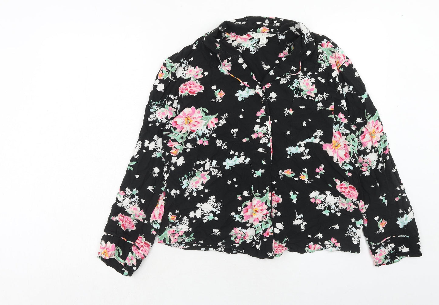 Marks and Spencer Womens Black Floral Viscose Basic Button-Up Size 12 Collared