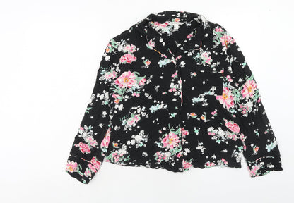 Marks & Spencer Womens Black Floral Viscose Basic Button-Up Size 12 Collared