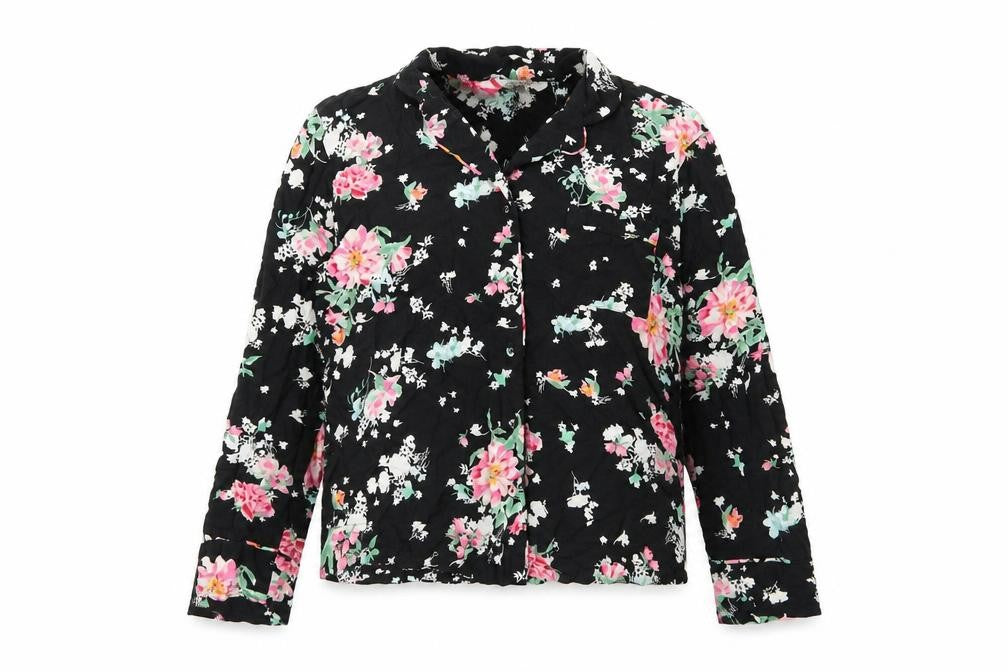 Marks & Spencer Womens Black Floral Viscose Basic Button-Up Size 12 Collared