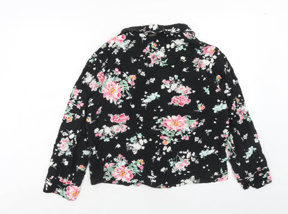 Marks & Spencer Womens Black Floral Viscose Basic Button-Up Size 12 Collared